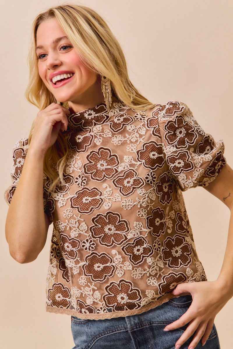 SO ME Texture Floral Mesh Top With Back Button Closure Trendsi