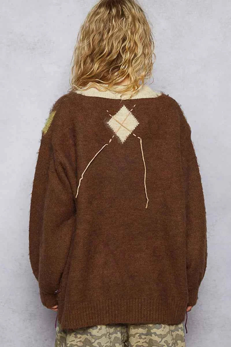 TEEK - V-Neck Argyle Pattern Mohair Contrast Exposed Stitch Sweater TOPS TEEK Trend