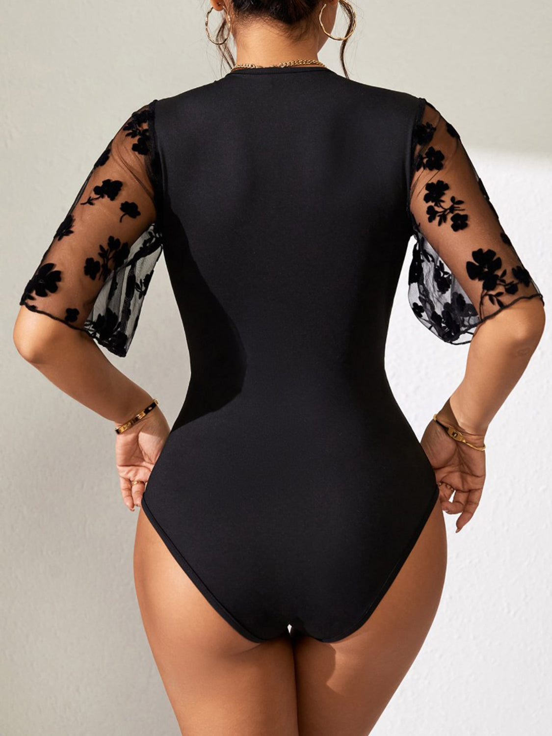 TEEK - Black Surplice Lace Half Sleeve Bodysuit TOPS TEEK Trend   