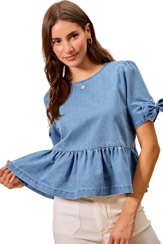 TEEK - Denim Bow Detail Short Sleeves Peplum Top TOPS TEEK Trend DENIM S