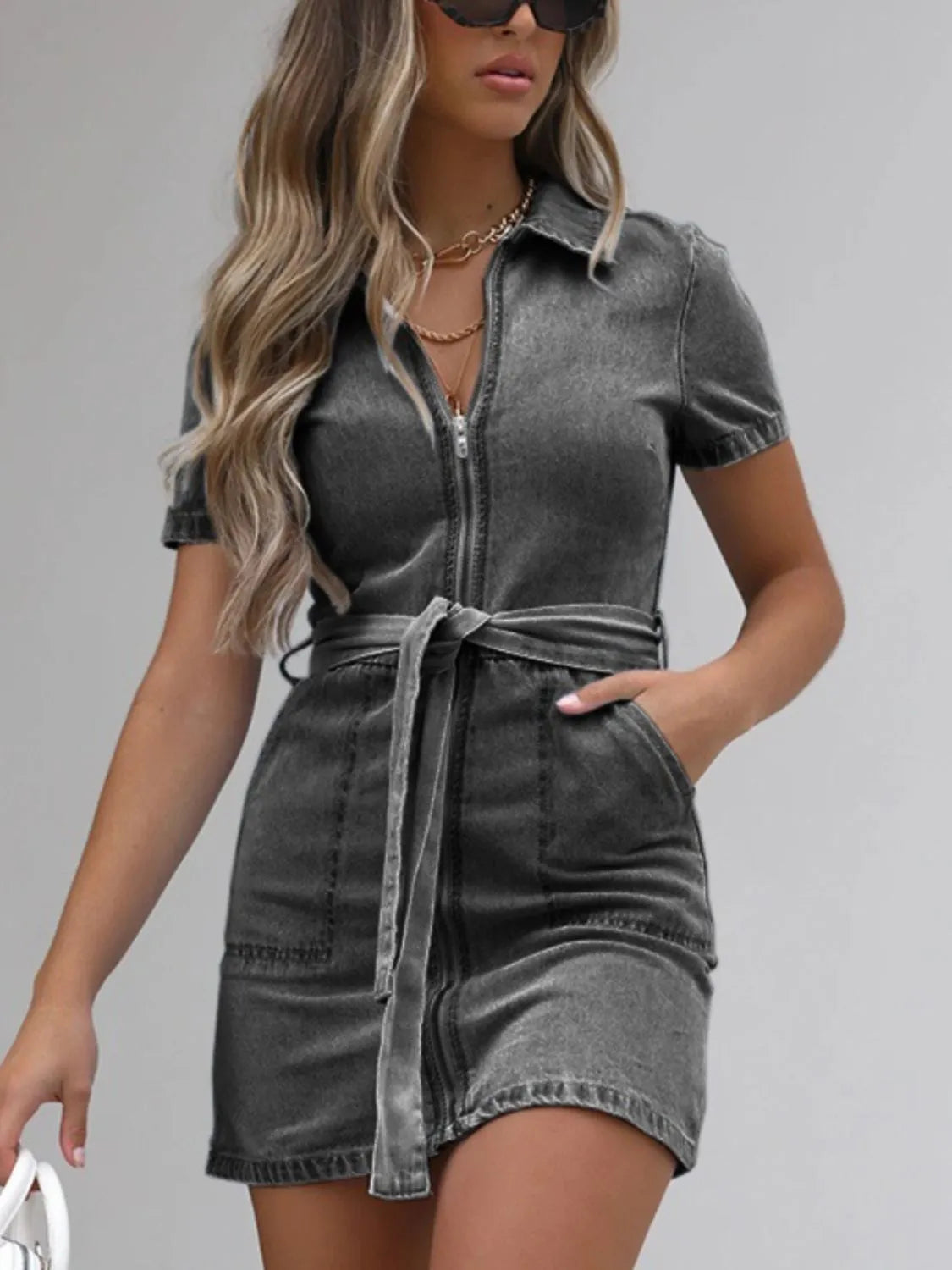 TEEK - Full Size Zip Front Short Sleeve Denim Dress DRESS TEEK Trend Dark Gray S