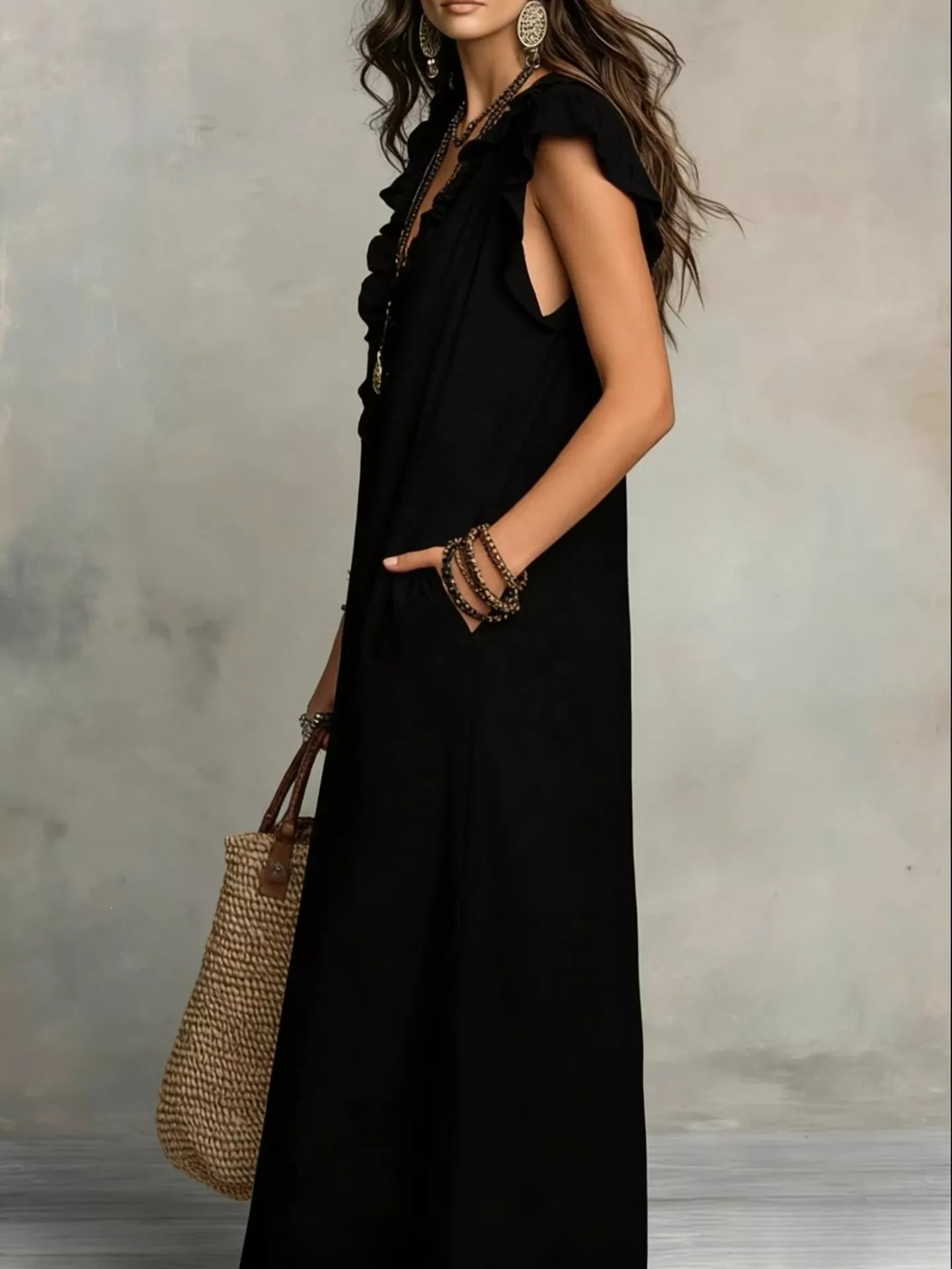 TEEK - Ruffled V-Neck Cap Sleeve Maxi Dress DRESS TEEK Trend