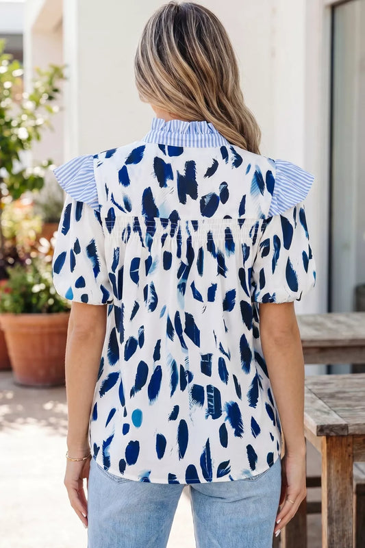 Abstract Animal Print Striped Ruffle Trim V Neck Blouse Trendsi