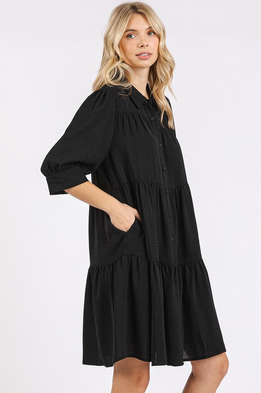 TEEK - Black Button Collared Neck Tiered Shirt Dress DRESS TEEK Trend