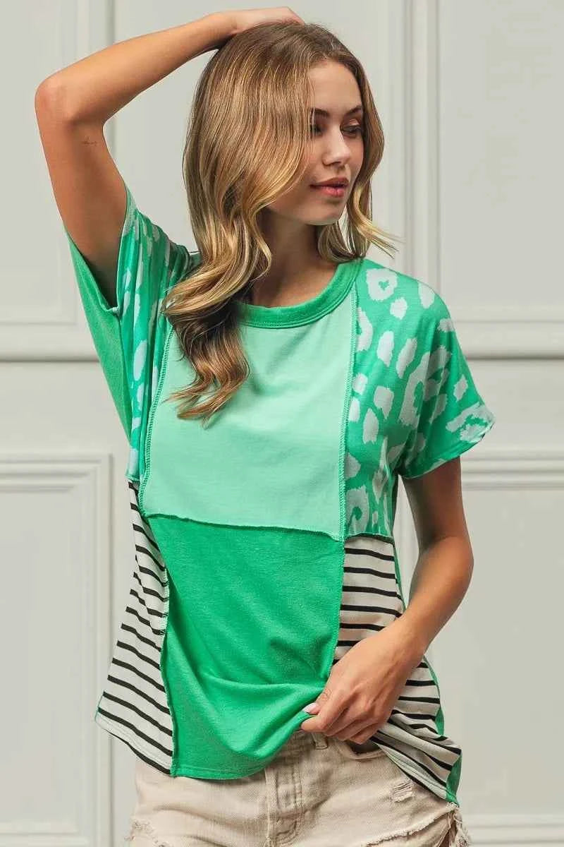 TEEK - Leopard and Stripe Color Block Top With Exposed Seam TOPS TEEK Trend
