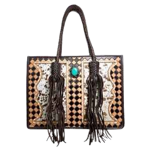 TEEK - BROWN CHECKER TOOLED & COWHIDE FRINGE TOTE BAG