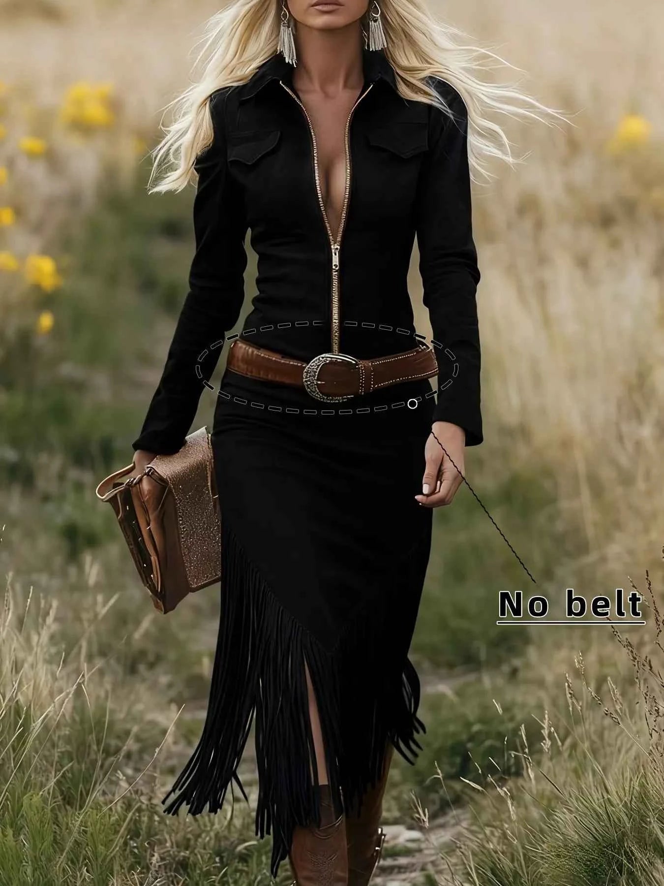 TEEK - Fringe Zip Front Long Sleeve Dress DRESS TEEK Trend Black S