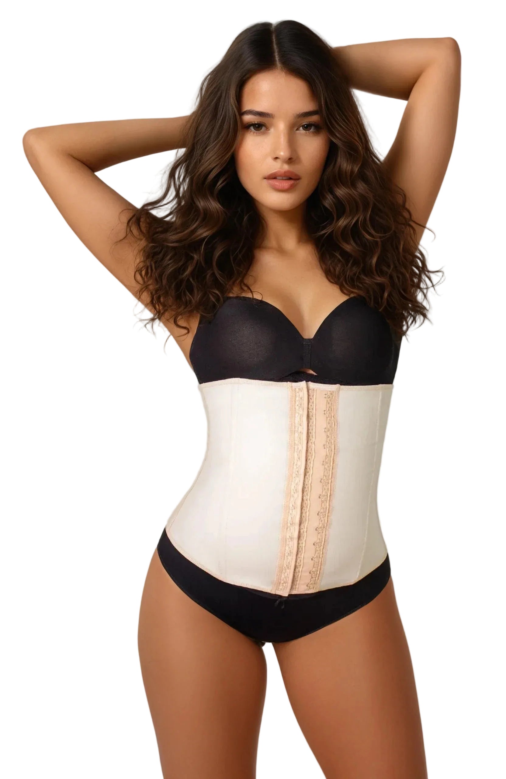 Woman wearing a black and beige waist trainer against a plain background