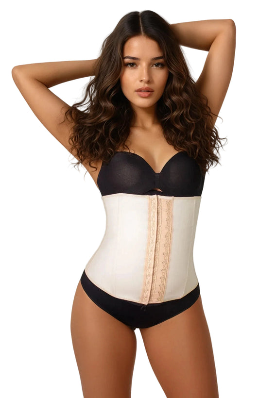 Woman wearing a black and beige waist trainer against a plain background