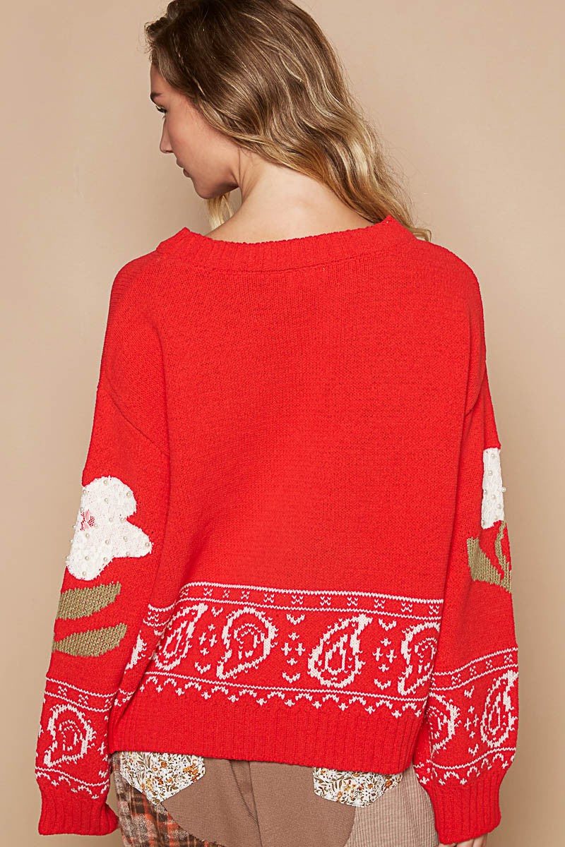 TEEK - Red Flower Lace Patch Long Sleeve Sweater TOPS TEEK Trend