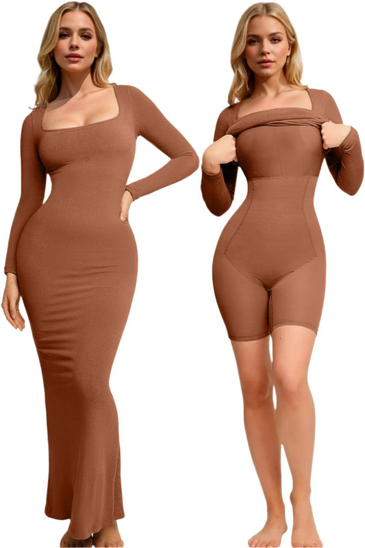 TEEK - Basic Bae Built-In Shapewear Square Neck Long Sleeve Dress DRESS TEEK Trend Caramel S