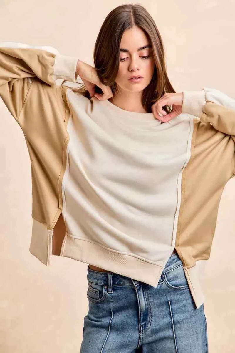 TEEK - French Terry Color Block Top With Open Seam Detail Trendsi