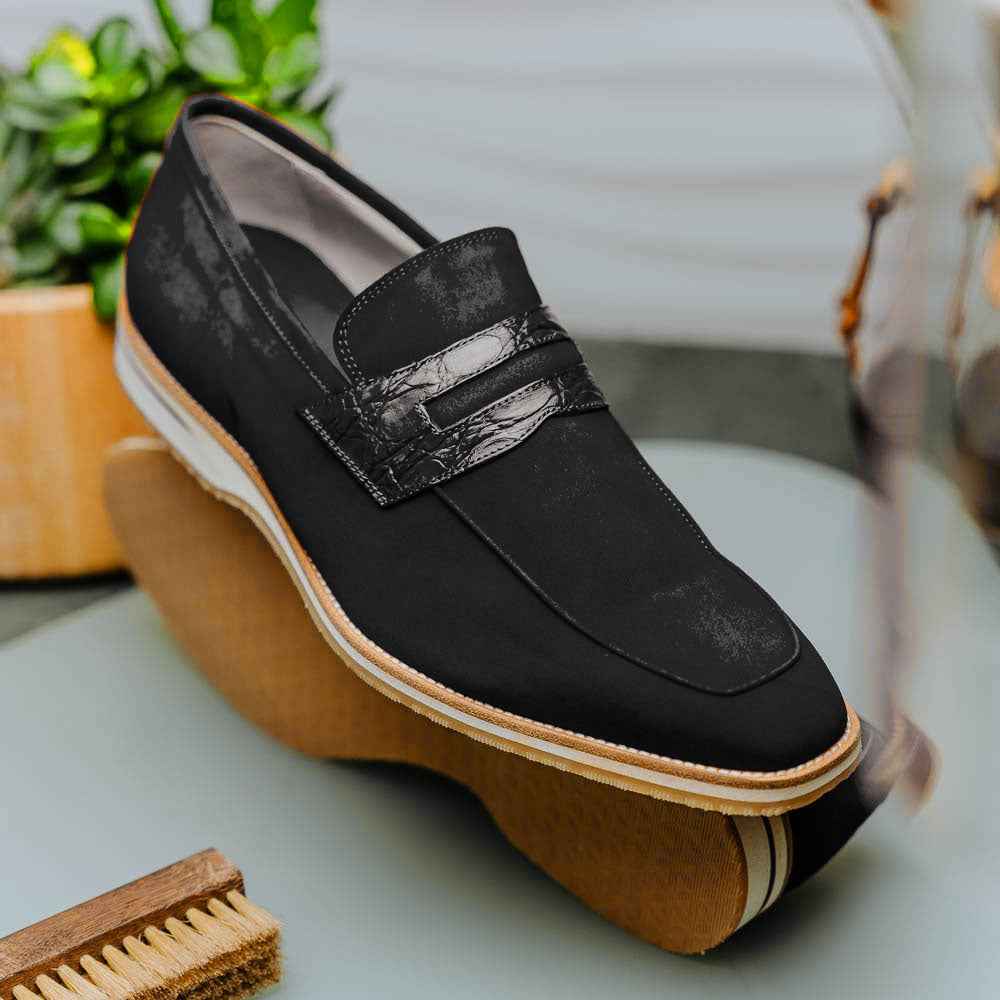 11-020-BLK MEO 3 Sueded Goatskin Penny Loafer, Black Sale Zelli Italia