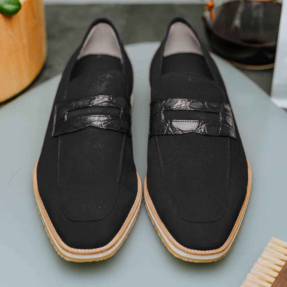 11-020-BLK MEO 3 Sueded Goatskin Penny Loafer, Black Sale Zelli Italia