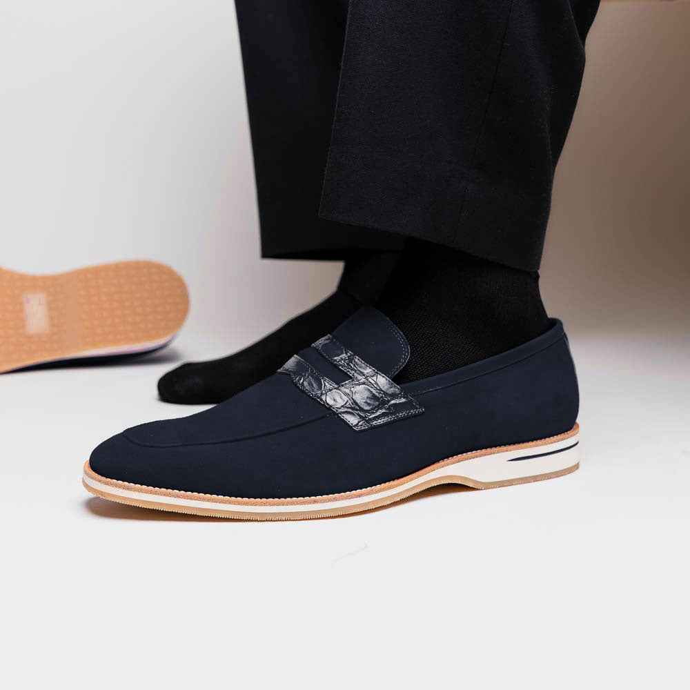 11-020-NVY MEO 3 Sueded Goatskin Penny Loafer, Navy Shop TEEK ZI