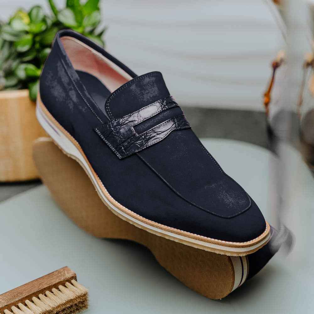 11-020-NVY MEO 3 Sueded Goatskin Penny Loafer, Navy Shop TEEK ZI