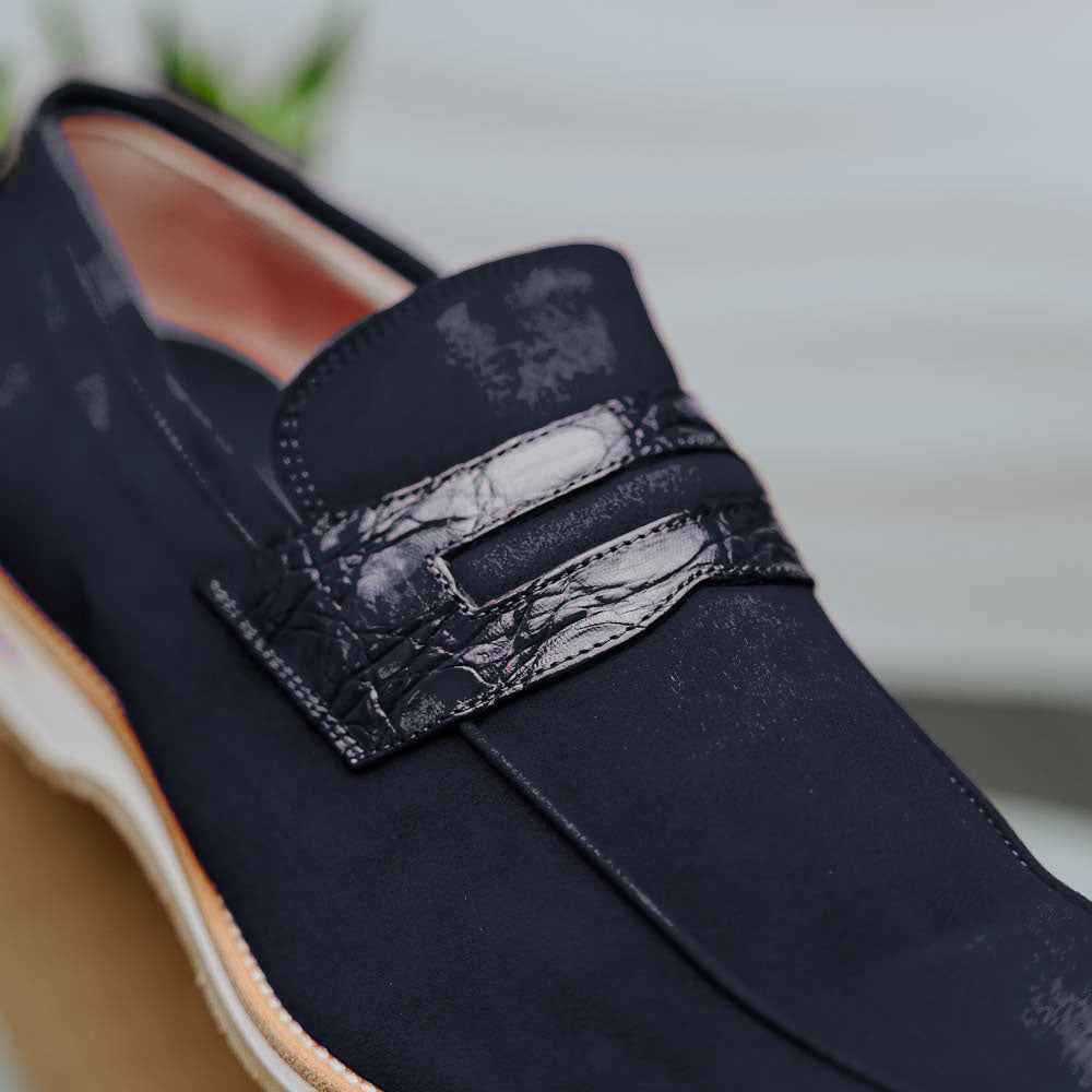 11-020-NVY MEO 3 Sueded Goatskin Penny Loafer, Navy Shop TEEK ZI