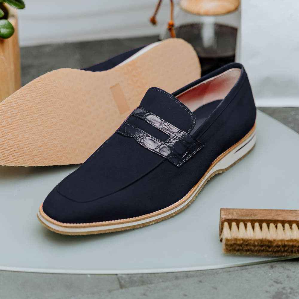 11-020-NVY MEO 3 Sueded Goatskin Penny Loafer, Navy Shop TEEK ZI