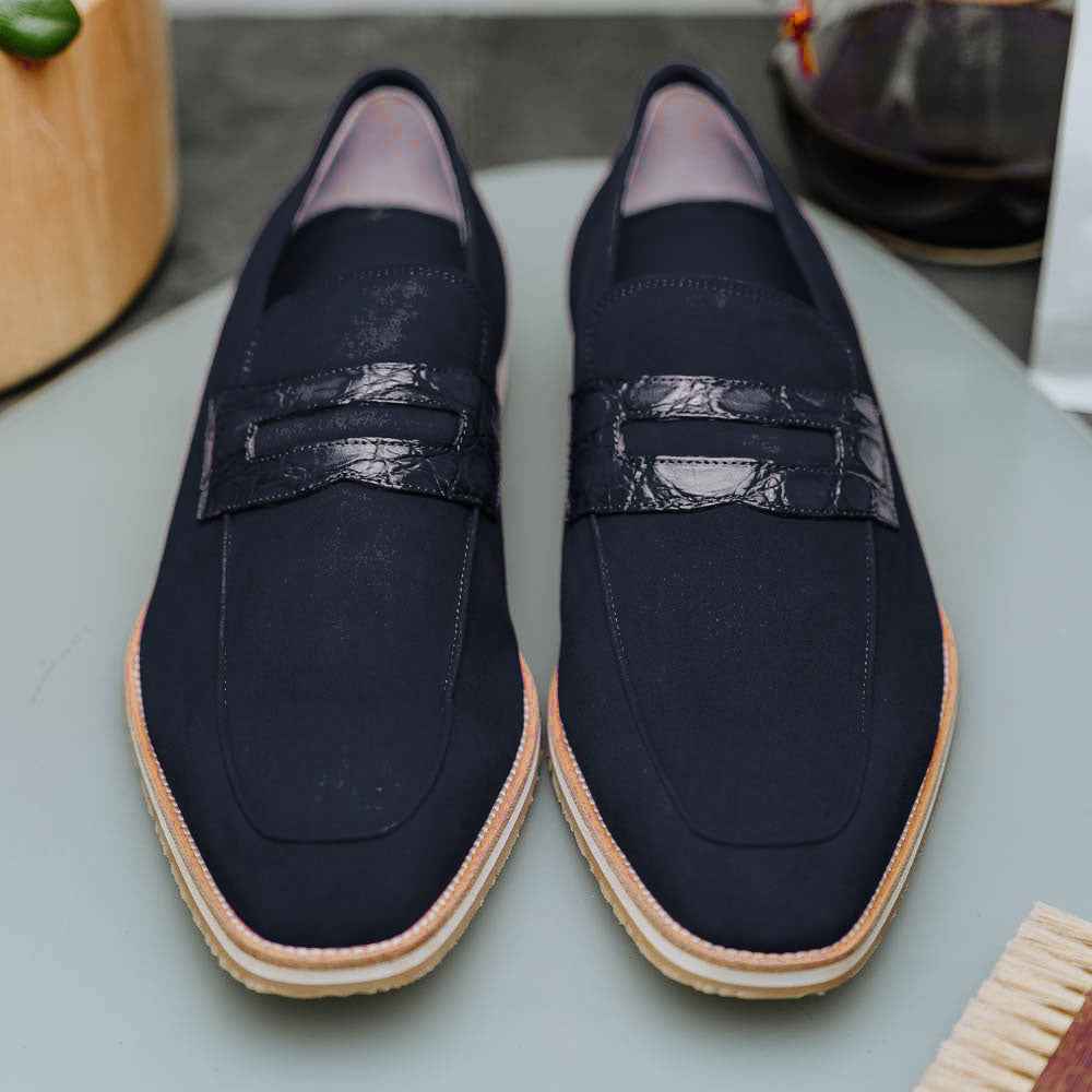 11-020-NVY MEO 3 Sueded Goatskin Penny Loafer, Navy Shop TEEK ZI