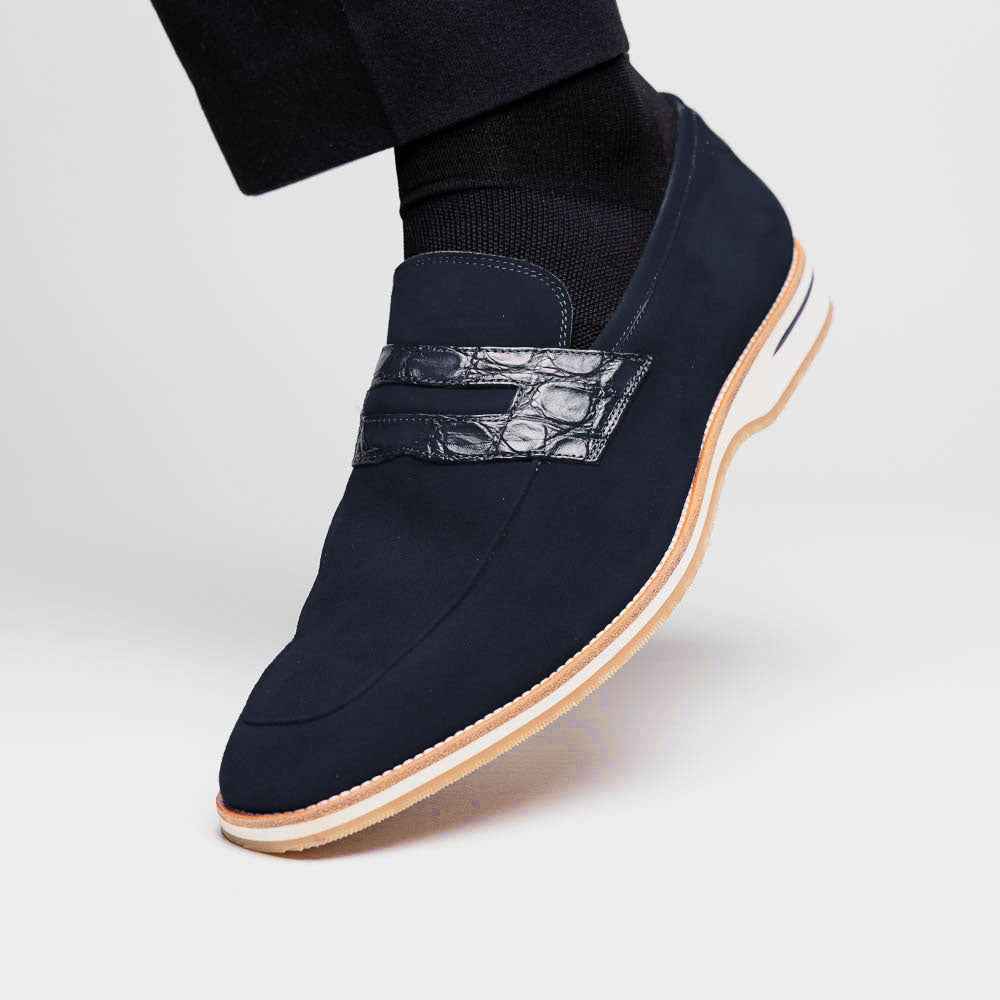 11-020-NVY MEO 3 Sueded Goatskin Penny Loafer, Navy Shop TEEK ZI