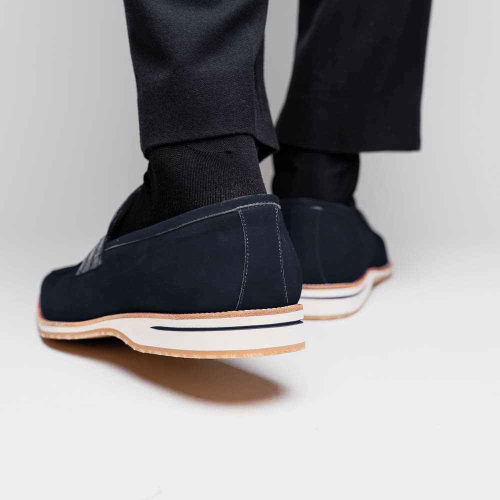 11-020-NVY MEO 3 Sueded Goatskin Penny Loafer, Navy Shop TEEK ZI