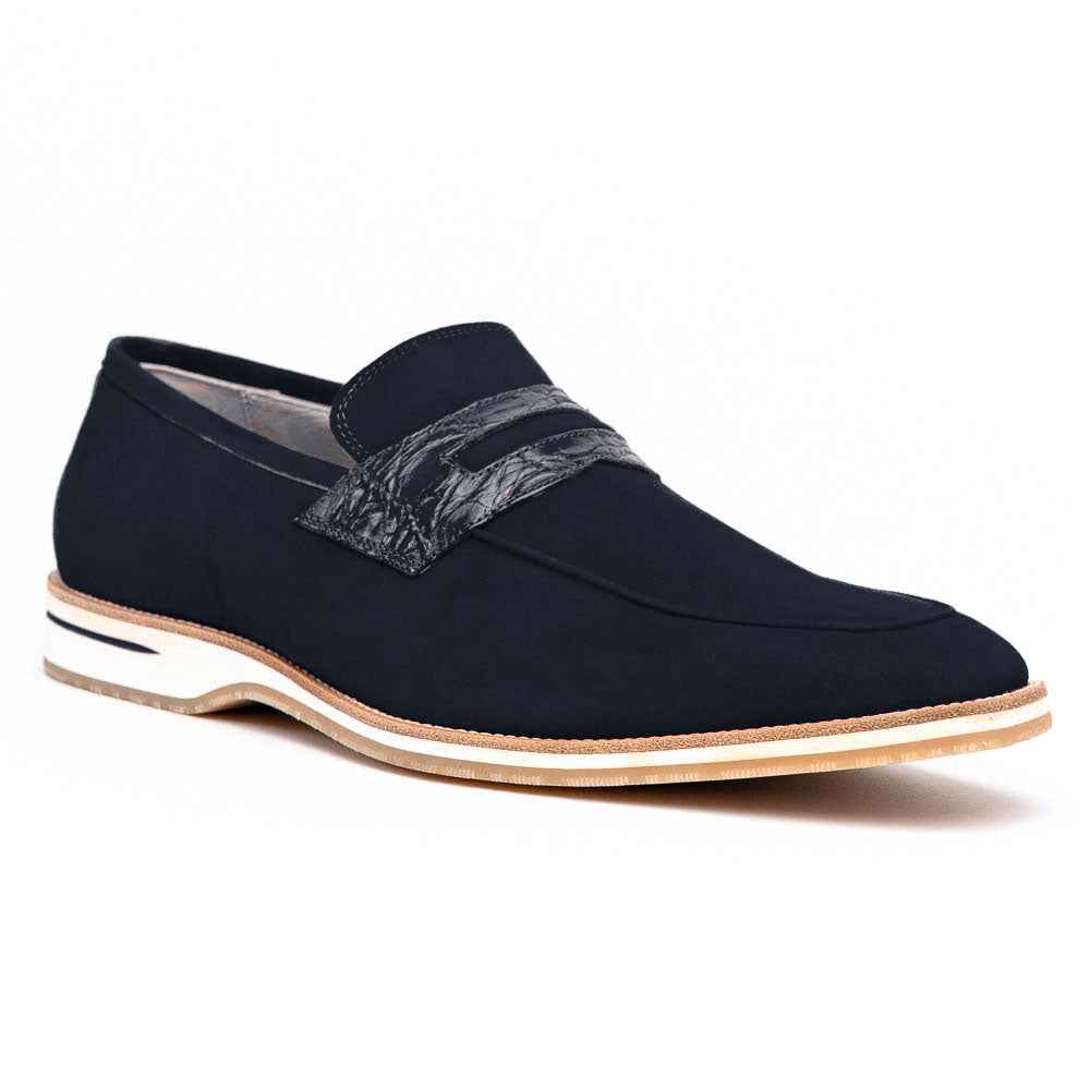 11-020-NVY MEO 3 Sueded Goatskin Penny Loafer, Navy Shop TEEK ZI