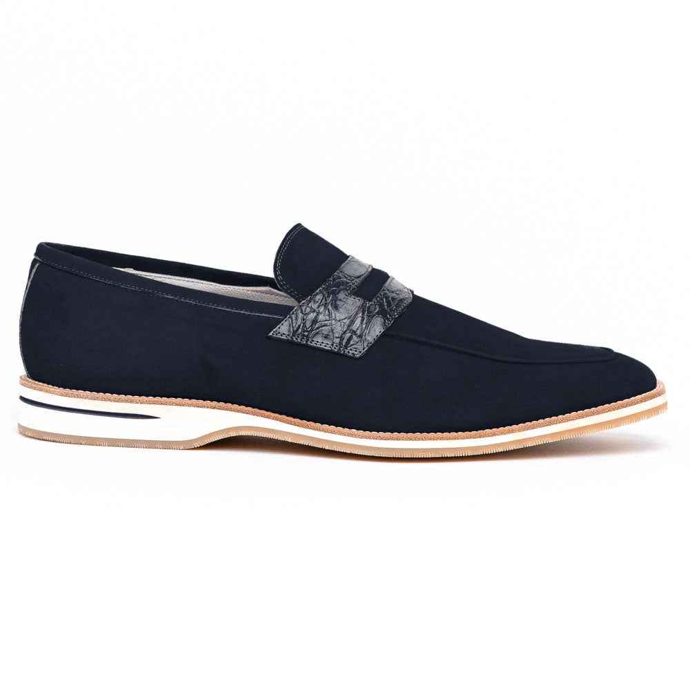 11-020-NVY MEO 3 Sueded Goatskin Penny Loafer, Navy Shop TEEK ZI