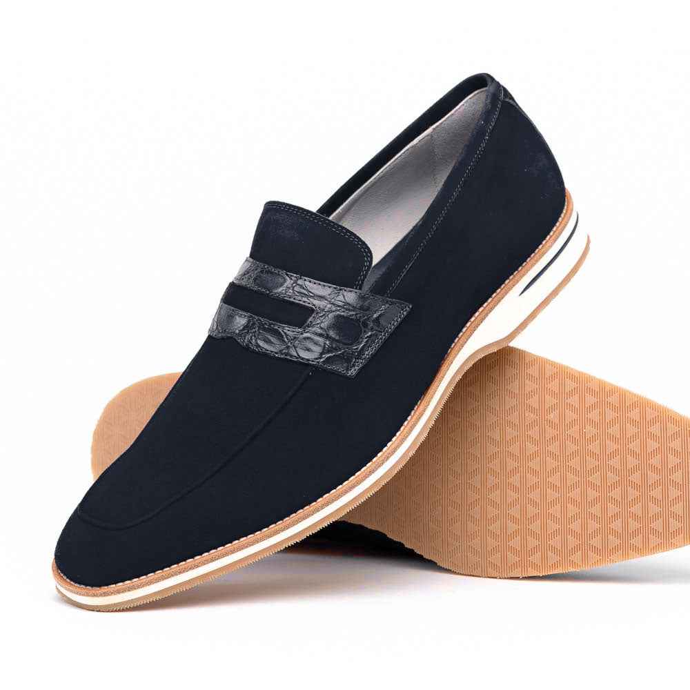 11-020-NVY MEO 3 Sueded Goatskin Penny Loafer, Navy Shop TEEK ZI