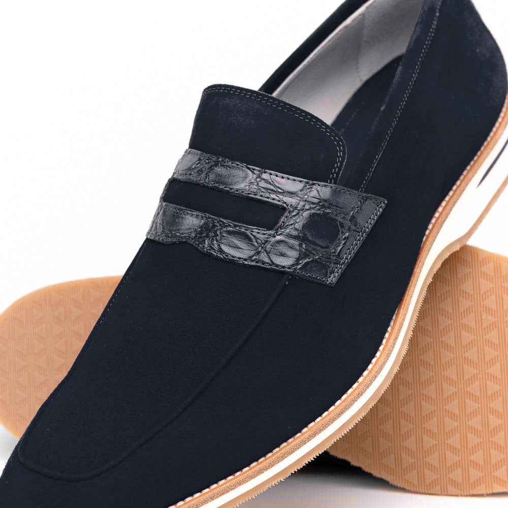 11-020-NVY MEO 3 Sueded Goatskin Penny Loafer, Navy Shop TEEK ZI