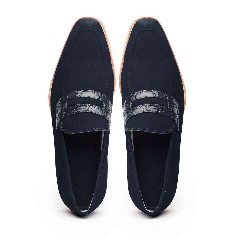 11-020-NVY MEO 3 Sueded Goatskin Penny Loafer, Navy Shop TEEK ZI