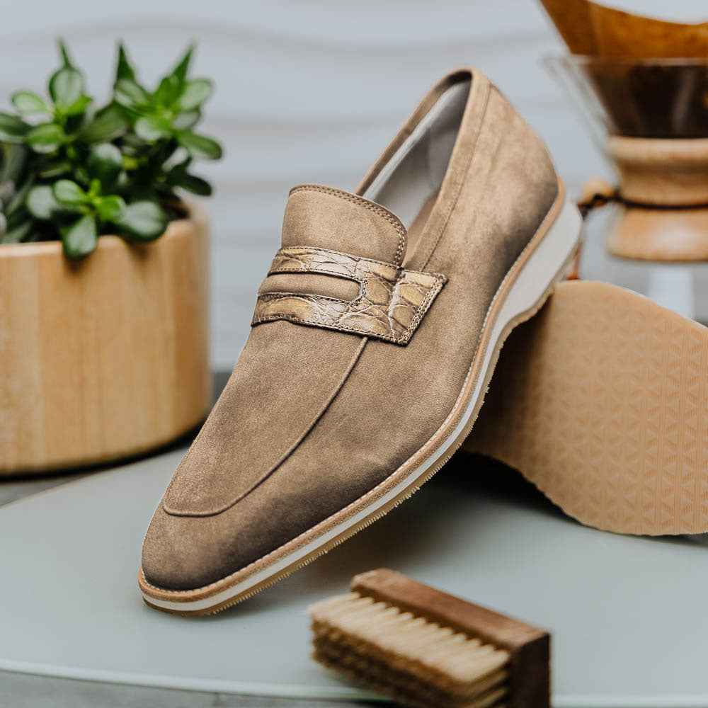 TEEK - 11-020-TPE MEO 3 Sueded Goatskin Penny Loafer, Taupe Shop TEEK ZI