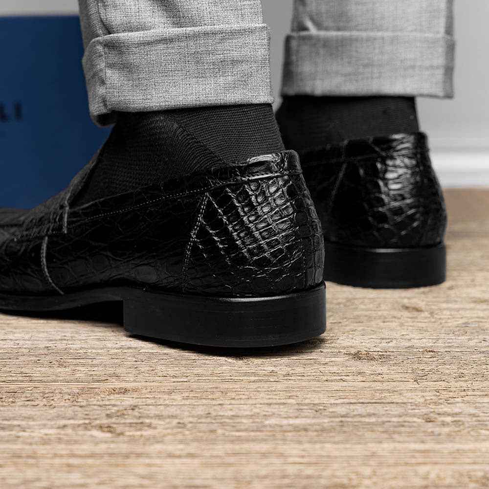 11-201-BKM ROMA Crocodile Penny Loafer, Black Shop TEEK ZI