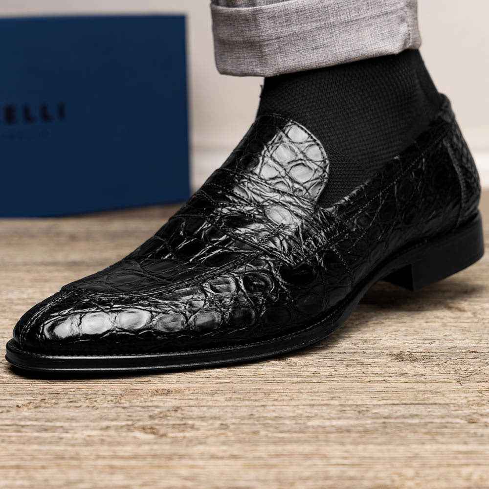 11-201-BKM ROMA Crocodile Penny Loafer, Black Shop TEEK ZI