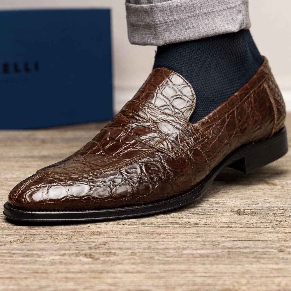 11-201-CGM ROMA Crocodile Penny Loafer, Cognac Shop TEEK ZI