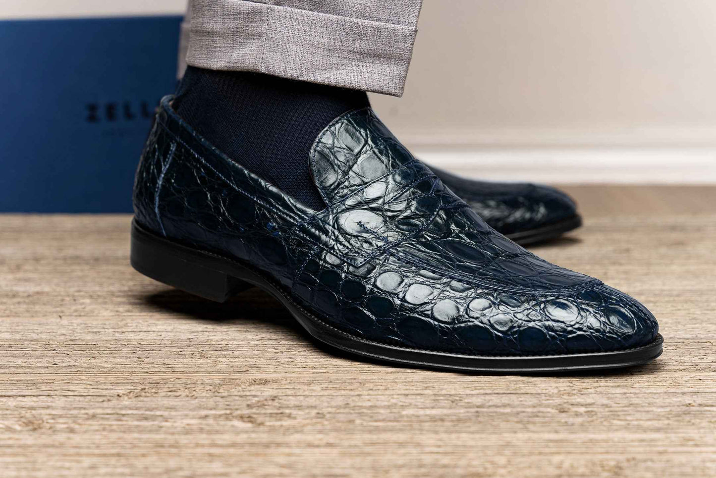 11-201-NVY ROMA Crocodile Penny Loafer, Navy Shop TEEK ZI