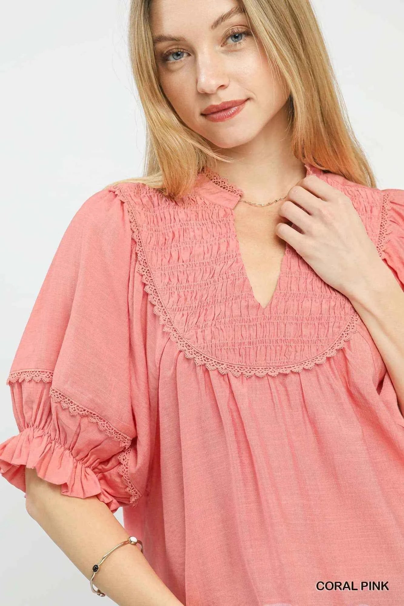 Umgee Smocked Yoke Blouse with Ruffle Sleeves Trendsi