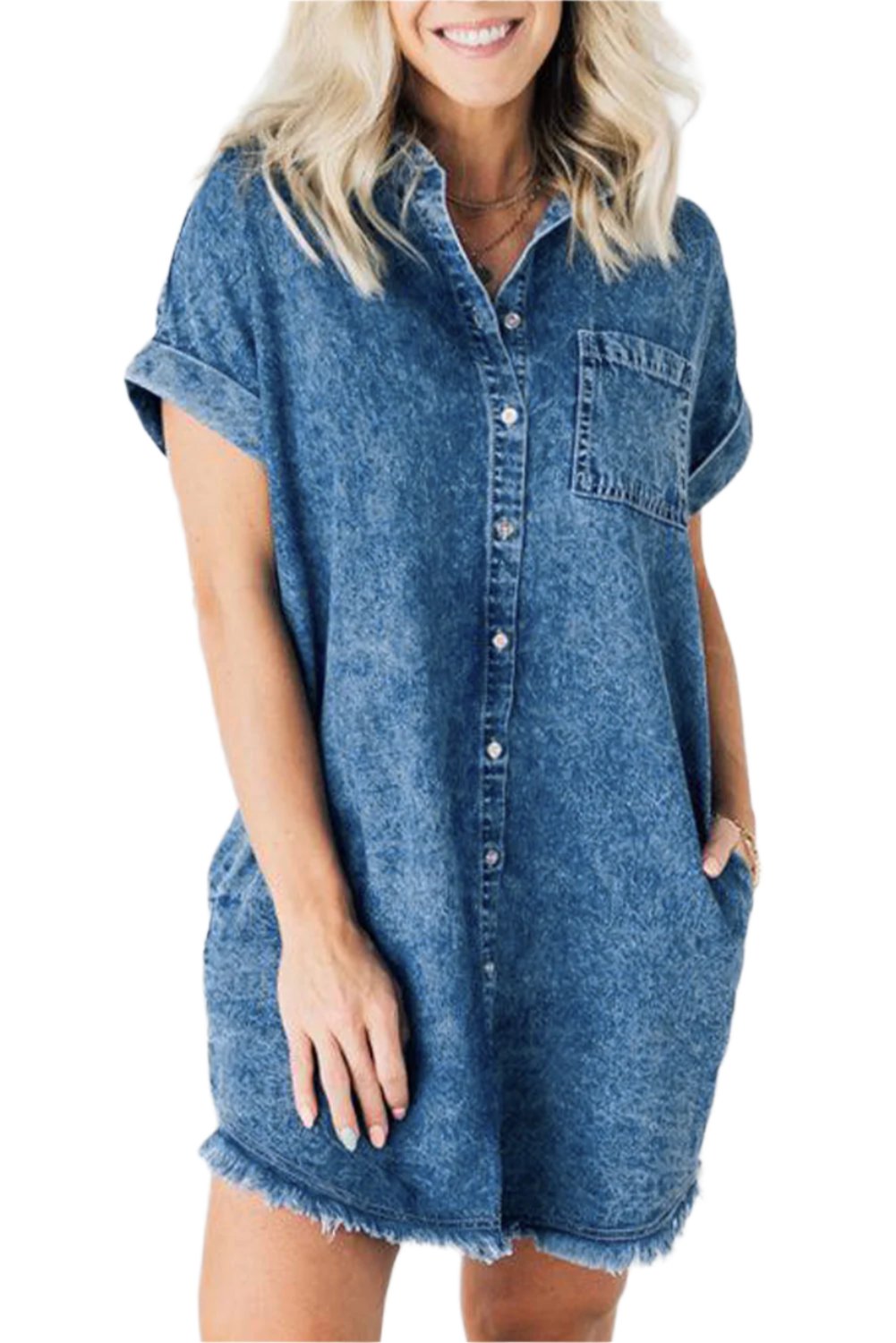 TEEK - Raw Hem Pocketed Cap Sleeve Medium Wash Denim Dress DRESS TEEK Trend S  