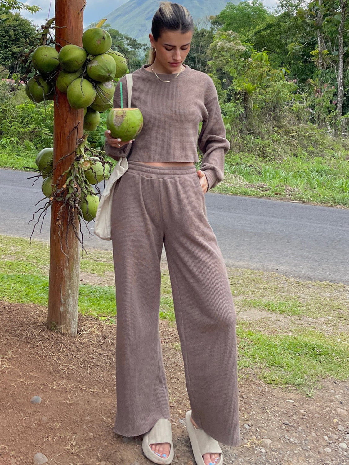 TEEK - Waffle-Knit Round Neck Top and Pants Set SET TEEK Trend   