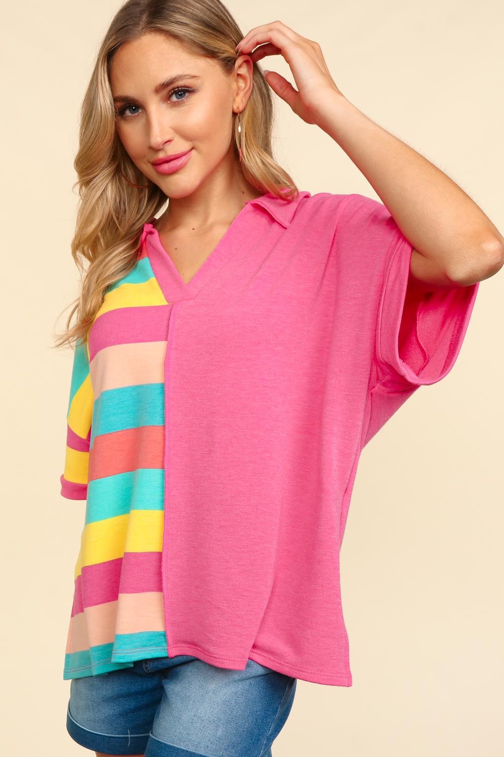 TEEK - Exposed Seam Short Sleeve Half Striped Shirt TOPS TEEK Trend   