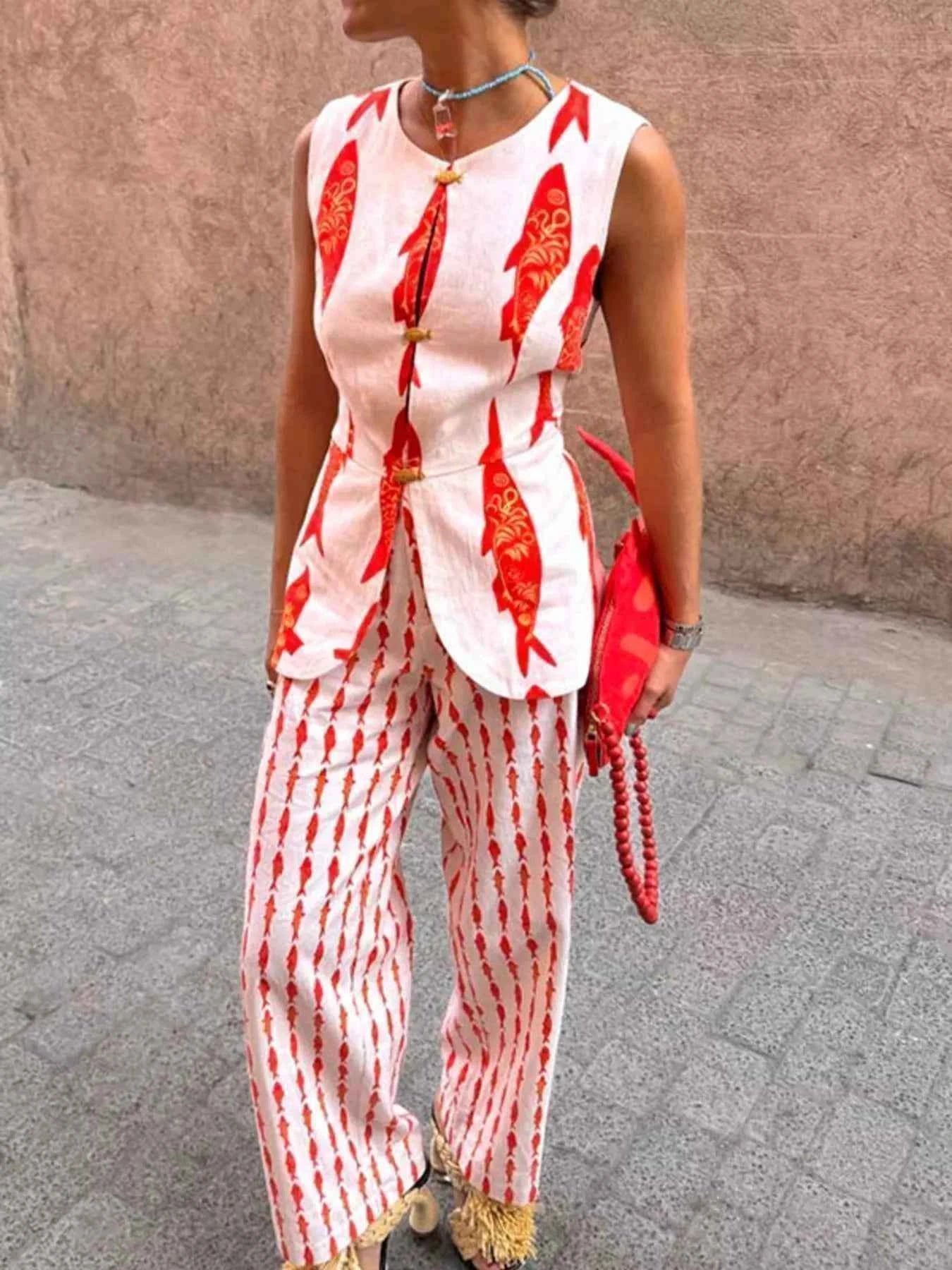 TEEK - Fish Print Sleeveless Top and Pants Set SET TEEK Trend