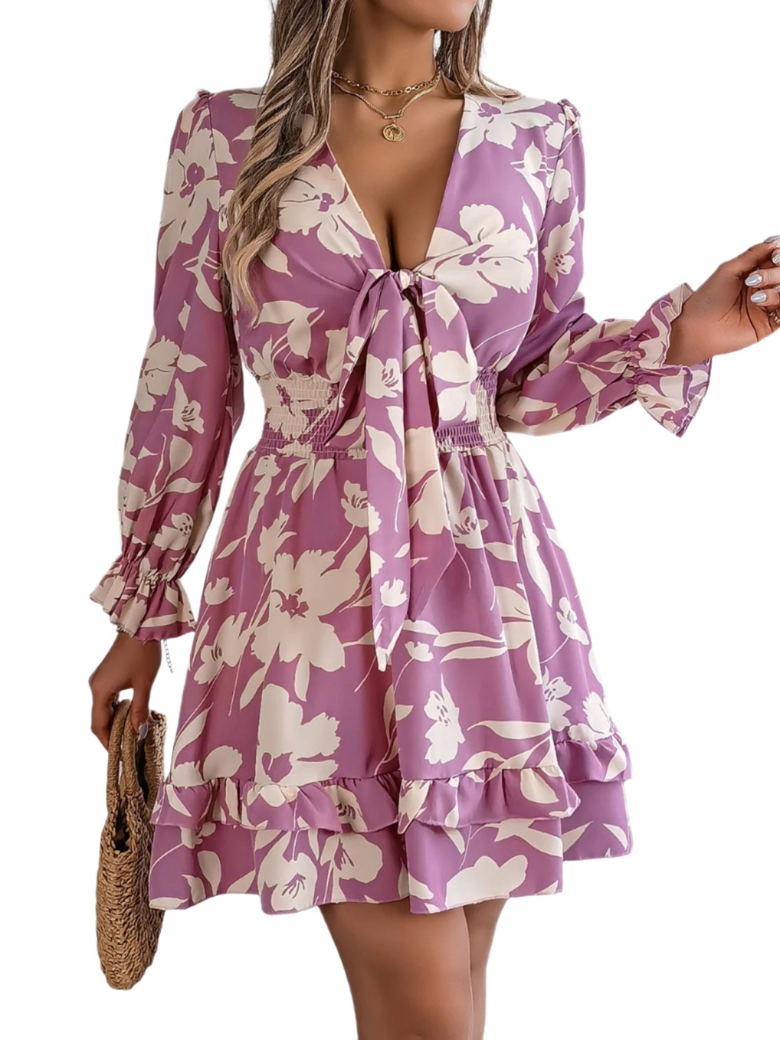 TEEK - Tied Ruffled Printed Long Sleeve Dress DRESS TEEK Trend Lilac S 