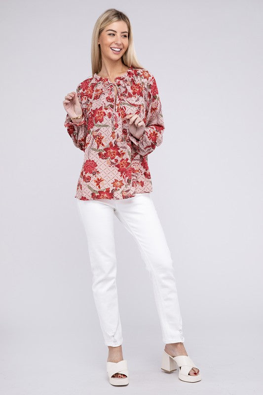 TEEK - Floral Print Tie Neck Blouse TOPS TEEK FG   