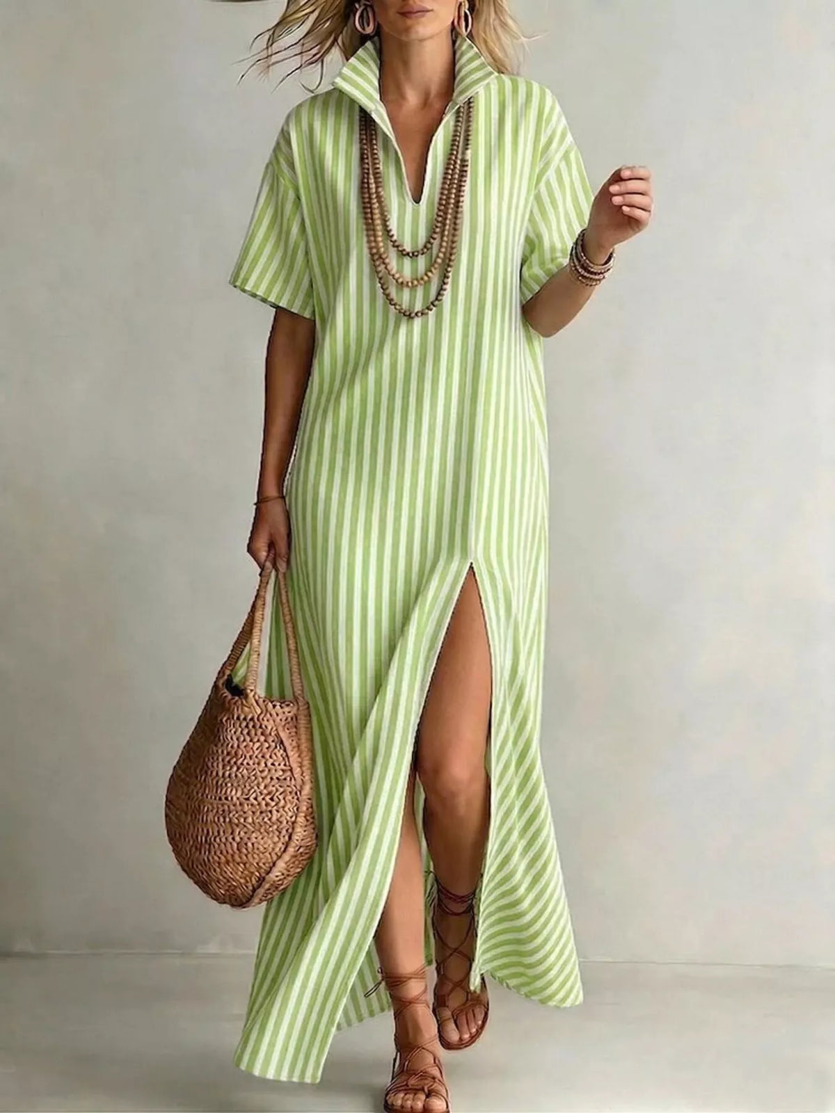 Striped High Slit Maxi Shirt Dress Trendsi Green S