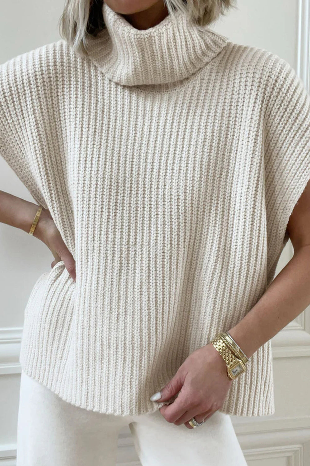 TEEK - Slit Turtleneck Cap Sleeve Sweater TOPS TEEK Trend Ivory S