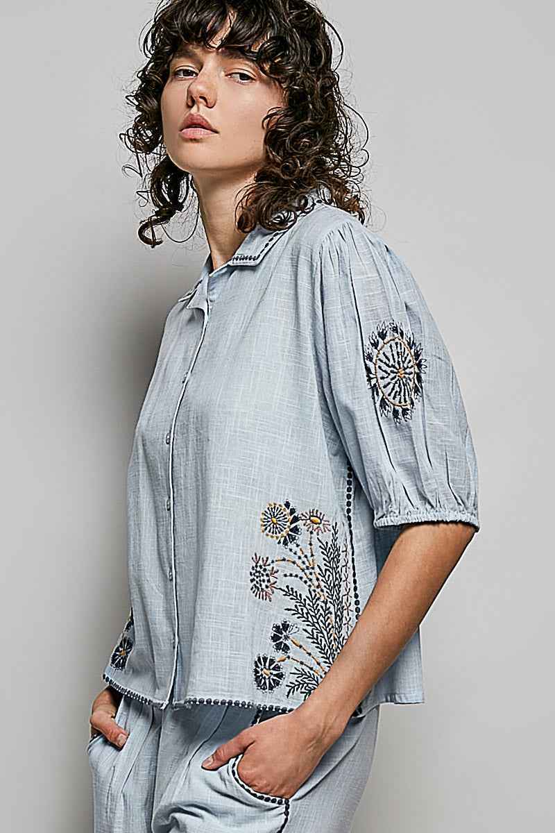 POL Button Down Embroidered Floral Short Sleeve Shirt Trendsi