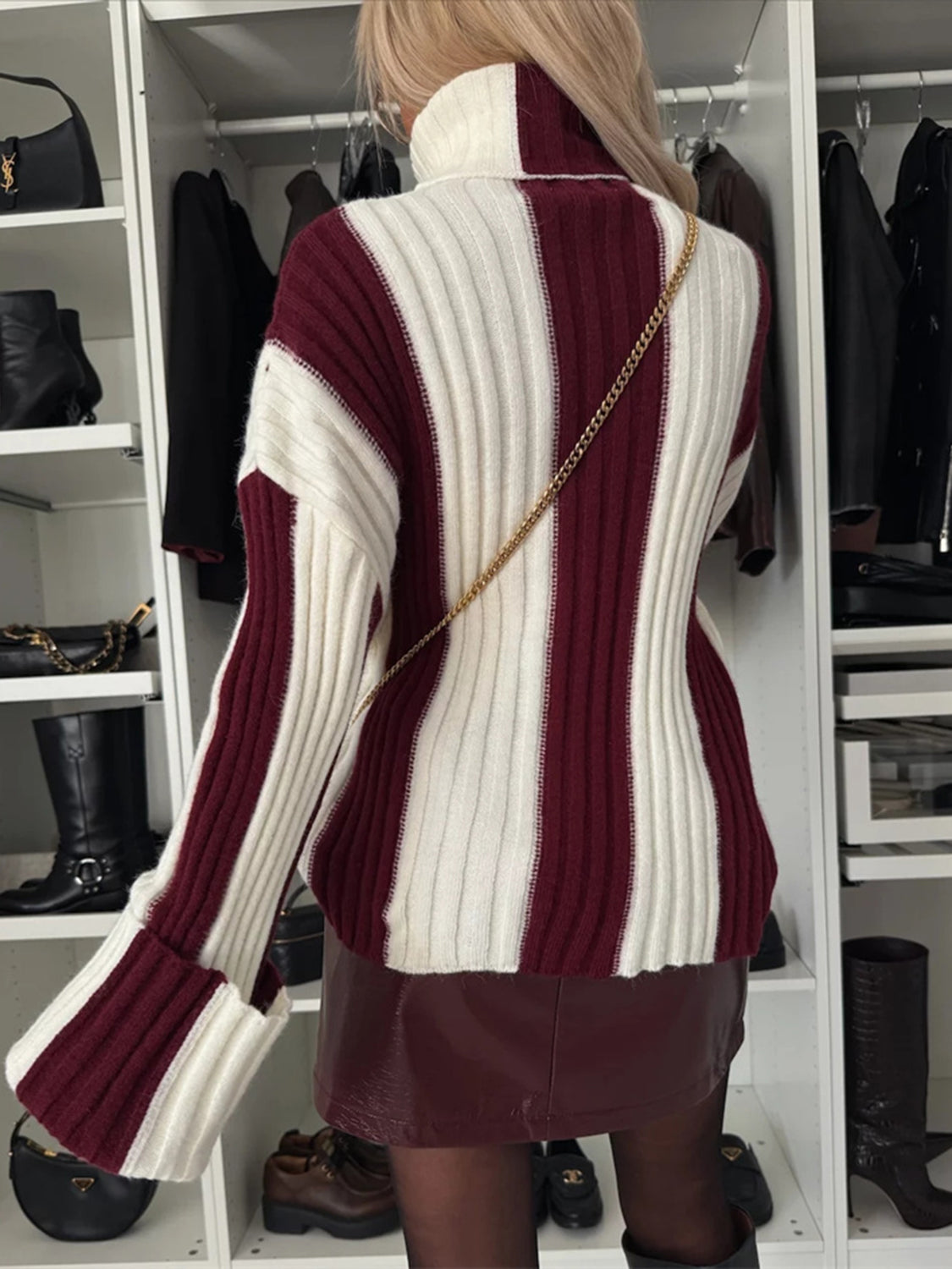 TEEK - Striped Turtleneck Dropped Shoulder Sweater SWEATER TEEK Trend Burgundy S