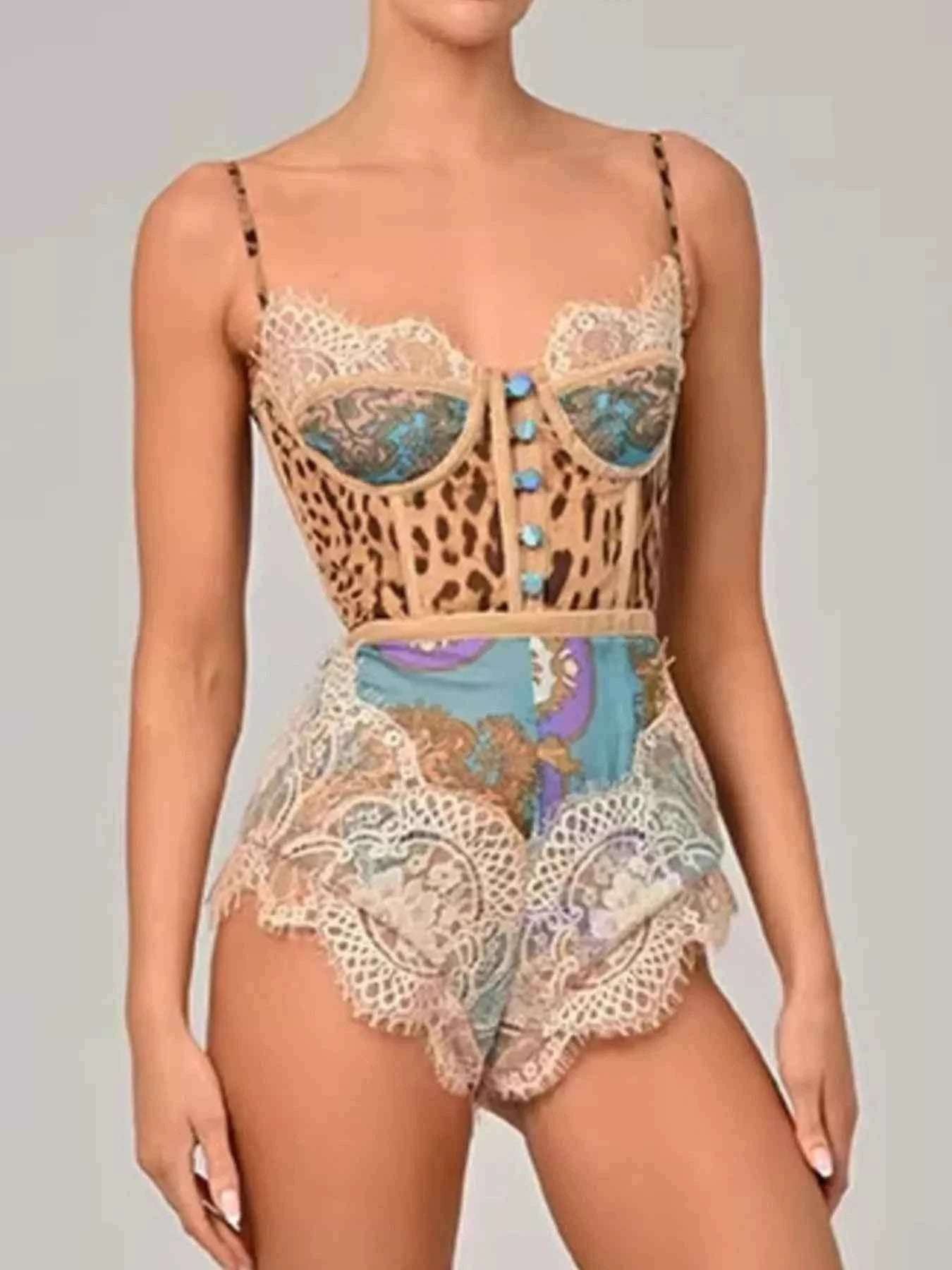 TEEK - Leopard Print Lace Trim Romper JUMPSUIT TEEK Trend