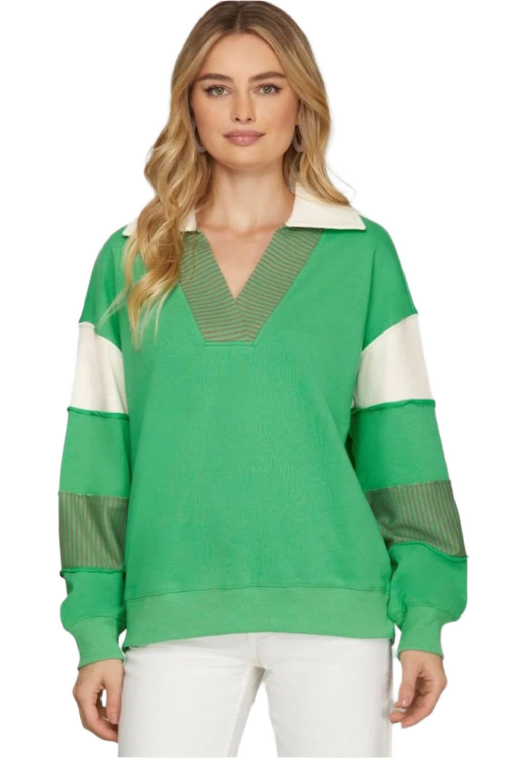TEEK - Green Color Block Sleeve Johnny Collar French Terry Sweatshirt TOPS TEEK Trend Green S