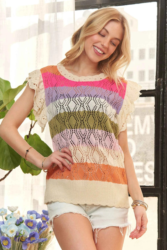 TEEK - Eyelet Sleeve Multi Color Crochet Top TOPS TEEK Trend
