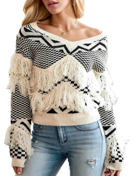 TEEK - Geometric Fringe Detail V-Neck Sweater TOPS TEEK Trend Beige S